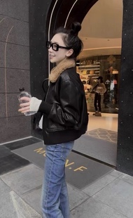 进口美拉德复古绵羊皮羊毛领加棉保暖夹克 欧货真皮皮衣女冬新短款