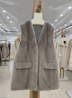 2025秋冬新款天鹅绒水貂皮草女整貂马甲进口水貂背心年轻貂皮大衣