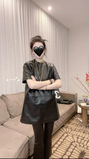 真皮连衣裙女高端进口绵羊皮宽松洋气长裙圆领欧货皮裙潮 网红同款