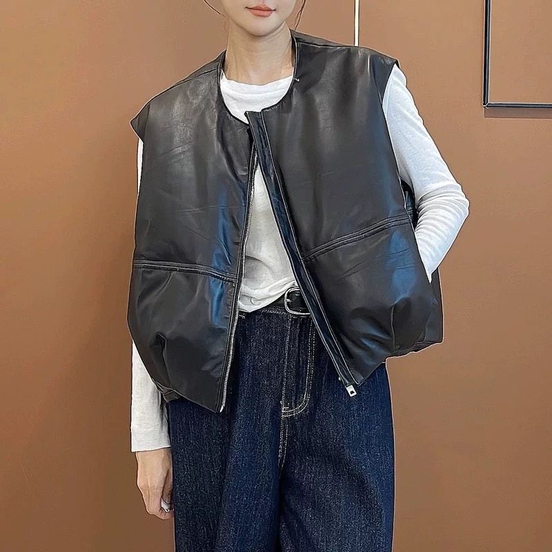 海宁真皮短款圆领羽绒马甲女绵羊皮坎肩韩版显瘦皮衣羽绒服外套潮