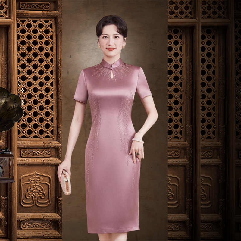 喜婆婆显瘦夏季醋酸新款婚礼妈妈礼服修身短袖粉色旗袍高贵优雅