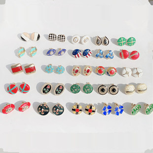 欧美外贸vintage风格 彩色滴釉镀金复古耳钉女中古无耳洞耳夹