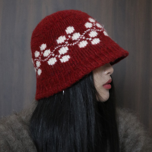 樱桃帽 2025款巨好看的帽子女秋冬正红色渔夫帽复古提花针织盆帽