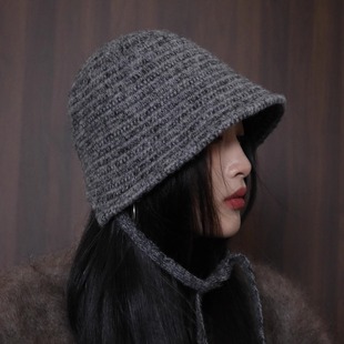 新款飘带渔夫帽女秋冬季保暖宫廷风系带帽倪妮同款显脸小针织盆帽