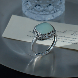 925纯银轻奢高级感小众设计新中式复古绿色和田玉髓玛瑙女戒指环
