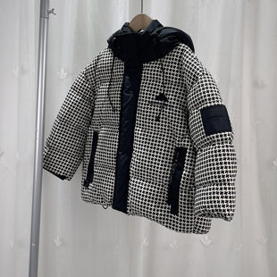 V 撤柜童装男童中大童千鸟格连帽羽绒服儿童冬季鸭绒保暖外套