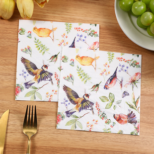 新款春天花鸟彩色餐巾纸 印花纸巾 西餐厅酒店咖啡厅纯木浆纸