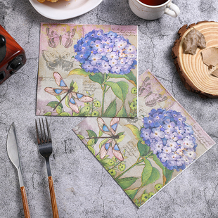 新款绣球花彩色餐巾纸 印花纸巾 西餐厅酒店咖啡厅纯木浆纸20张