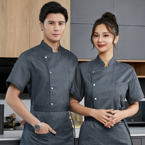 高档厨师服长袖秋冬灰色饭店餐饮