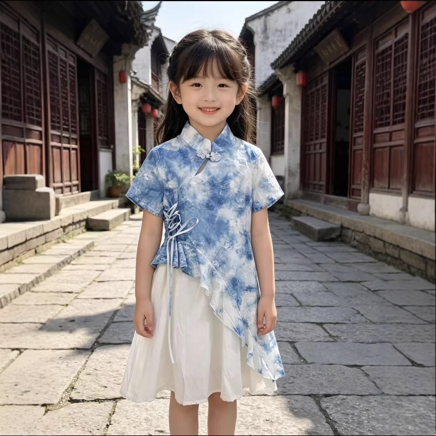 扎染女童旗袍手工扎染连衣裙