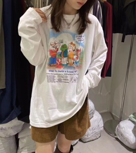 Y.J秋冬新款白色卡通童趣长袖T恤女磨毛宽松中长款上衣打底衫百搭