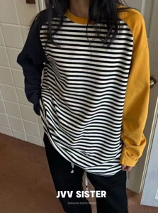 欧洲站秋冬新款撞色拼接条纹T恤女宽松长袖上衣洋气ins潮打底2023