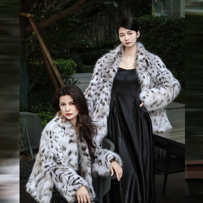 进口美国lynx皮草外套立领睡袍领短款纯白斑点裘皮外套高奢服装女