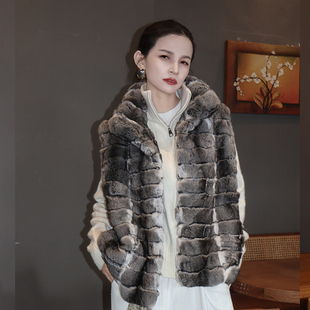 进口南美栗鼠立领横排黑丝绒龙猫短款马甲青紫蓝坎肩高奢保暖女