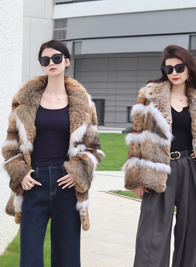 进口LYNX毛毛斑点猫皮草毛短款女冬季裘皮貂皮大衣西装领保暖外套