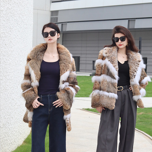 进口LYNX毛毛斑点猫皮草毛短款女冬季裘皮貂皮大衣西装领保暖外套