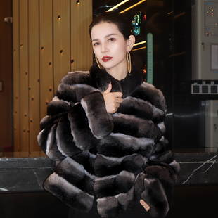进口南美栗鼠皮草大衣立领横纹龙猫黑丝绒青紫蓝裘皮貂皮外套女