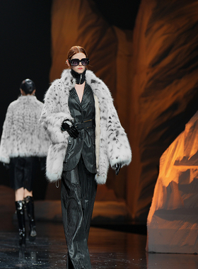 [纯白走秀系列]进口美国lynx皮草大衣立领中长款裘皮外套斑点猫女