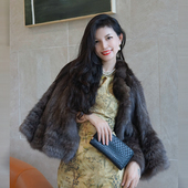 进口俄罗斯纯手工双面编织紫貂编织荷叶边斗篷皮草裘皮时尚 外搭