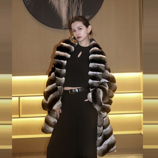进口龙猫皮草大衣青果领斜纹中长款南美栗鼠青紫蓝裘皮貂皮外套女