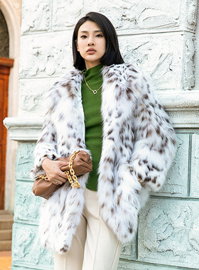 进口裘皮外套美国纯白斑点皮草高奢高端整皮貂皮女士外套lynx