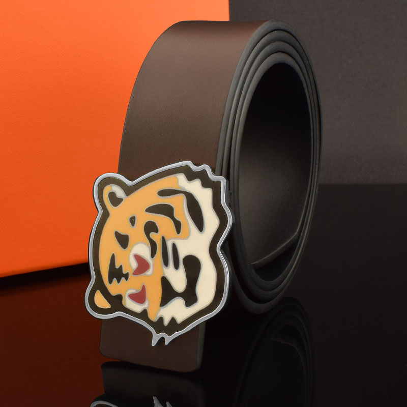 新款皮带男士真皮个性青年生肖老虎头平滑扣裤腰带潮流新款光面