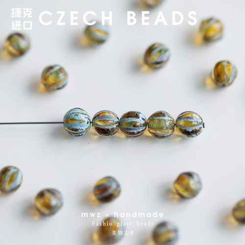 进口捷克珠描蓝毕加索南瓜珠8mm