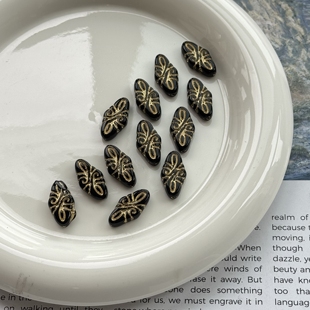 进口捷克琉璃珠复古描金黑菱形祥云珠19x9mm手工串珠材料配件散珠