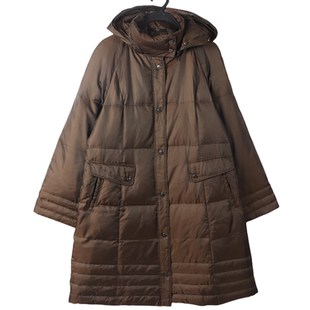 古着vintage连帽中长款羽绒服女冬季保暖棉衣外套棕色长款袄子