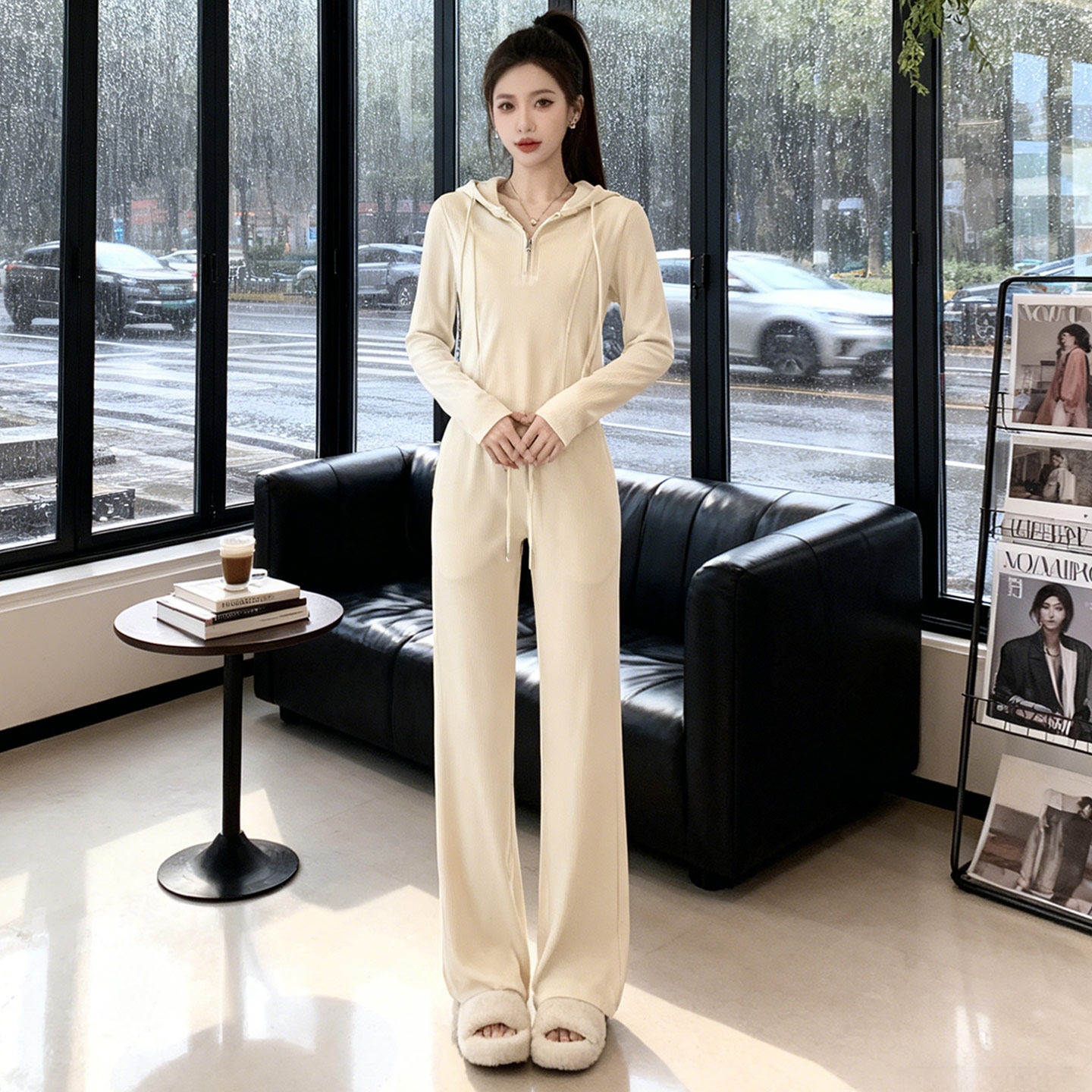 女春季新款休闲运动套装时尚洋气显瘦连帽长袖卫衣阔腿长裤两件套