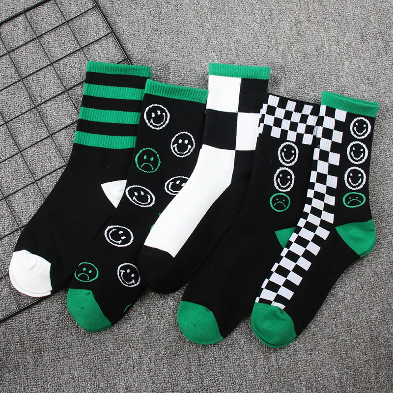 棋盘格潮袜长筒笑脸纯棉黑绿色男女中筒袜运动袜网红方格子秋冬季,女士内衣/男士内衣/家居服,长筒袜,淘宝优惠券,粉丝福利购,淘宝优惠卷