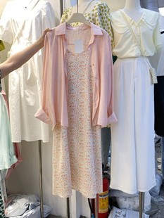 韩国东大门度假风吊带连衣裙两件套 夏季 纯色防晒衬衣单排扣开衫
