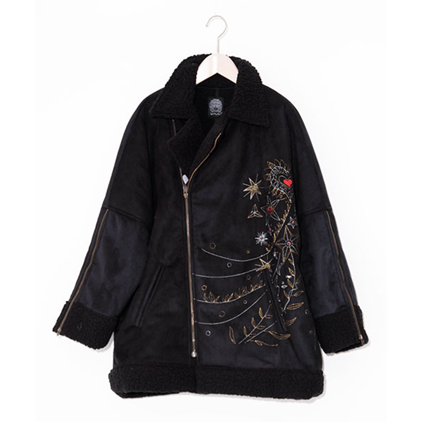 scolar丝柯乐 黑色两袖拉链绣花内仿羊羔绒开衫外套  173455