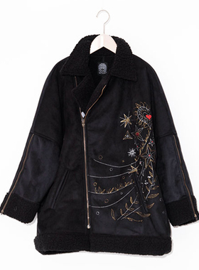 scolar丝柯乐 黑色两袖拉链绣花内仿羊羔绒开衫外套  173455