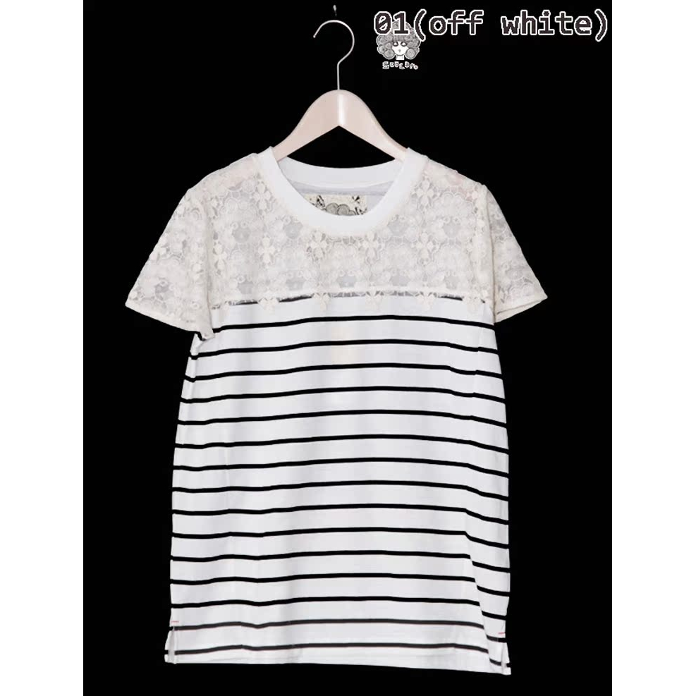 scolar丝柯乐  白色条纹上拼接蕾丝短袖圆领T  162465