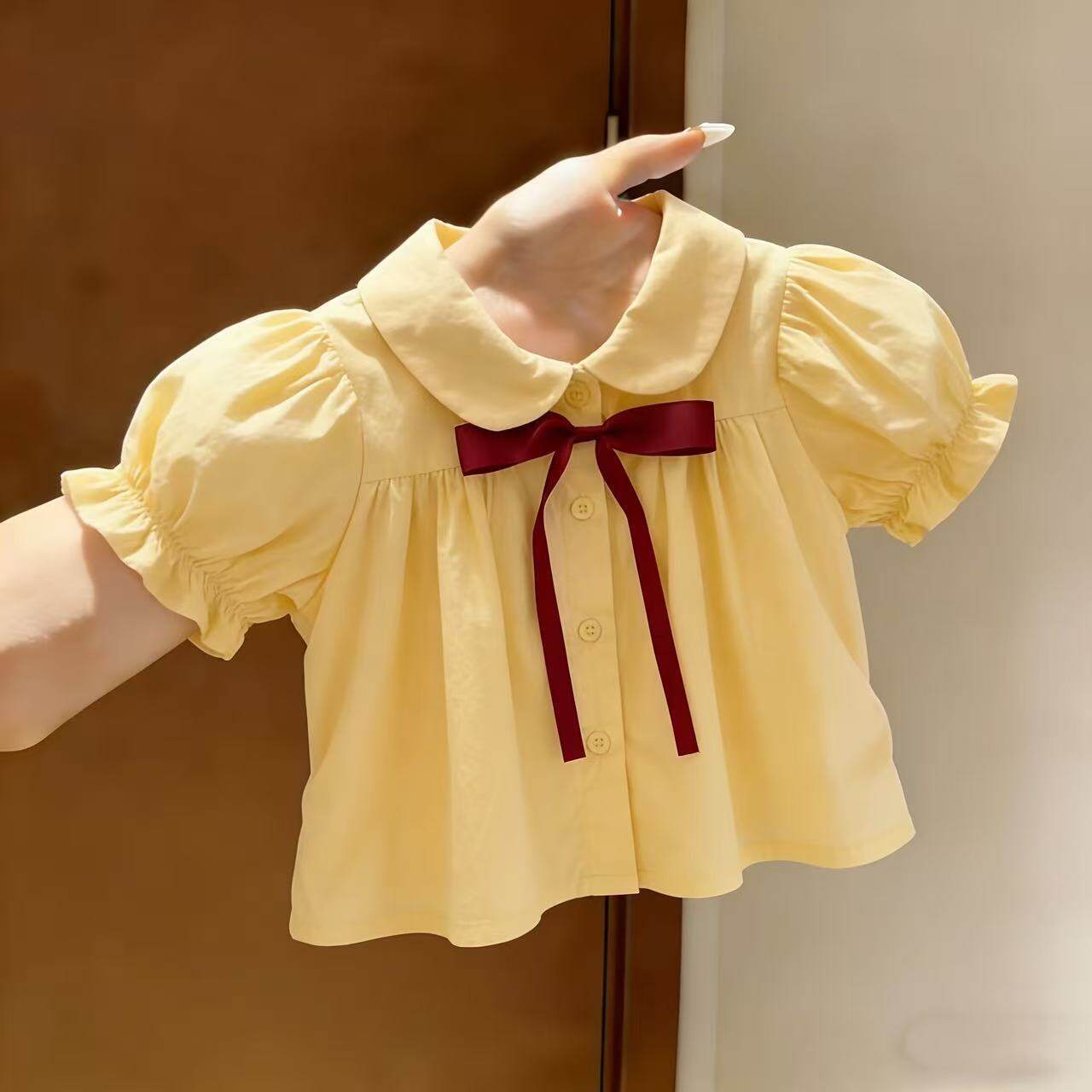 可爱娃娃领泡泡袖黄色衬衫女夏季蝴蝶结洋气韩版上衣