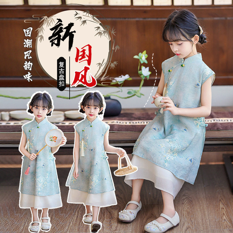 女童新款公主裙六一演出旗袍儿童连衣裙大童假两件新中式女孩裙子