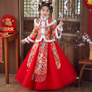 汉服女童冬季连衣裙2024新款国风儿童加绒裙子女孩古风唐装拜年服