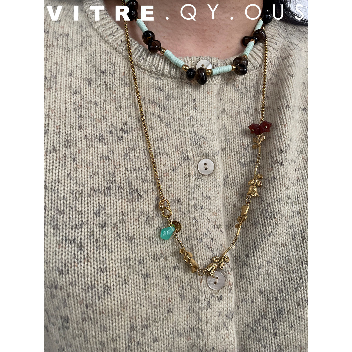 VITREQYOUS 「自然物语」法式复古金色钛钢玫瑰花不对称原创长链