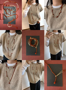 VITREQYOUS 红石民族复古新年红多种穿戴毛衣链小众设计长链