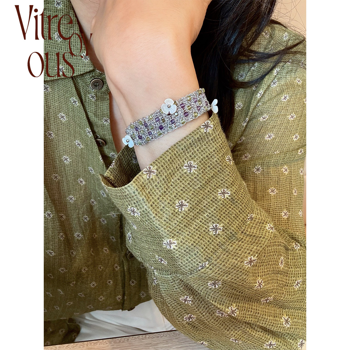 VITREQYOUS【莫奈睡莲】天然贝壳立体浮莲彩宝方糖重工编织手链