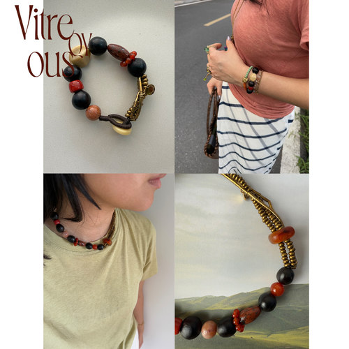 VITREQYOUS 「和美术馆」珊瑚玉无患子艺术中古感黑粉色原创饰品