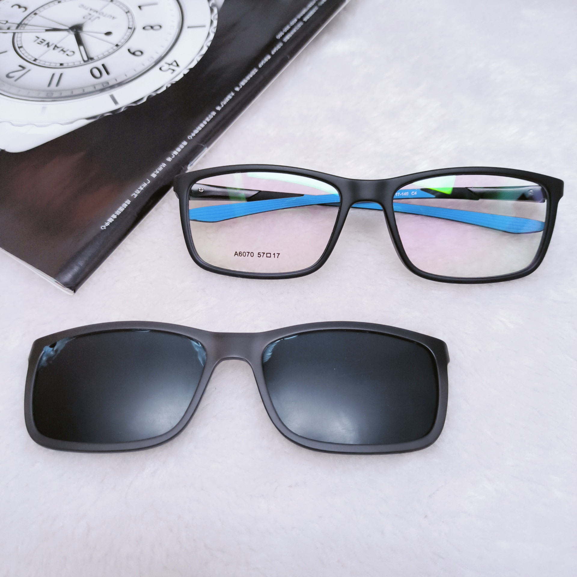 磨砂黑色方形哑光直腿磁吸运动眼镜防蓝光夹片眼镜架男大框眼镜