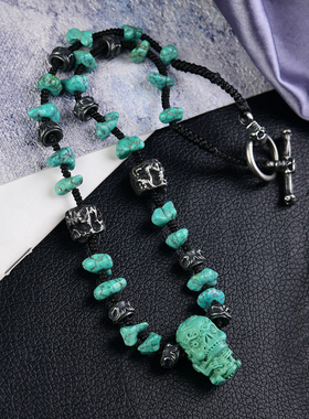 天然湖北原矿无优化绿松石项链骷髅头吊坠项链锁骨链湖北松石项链