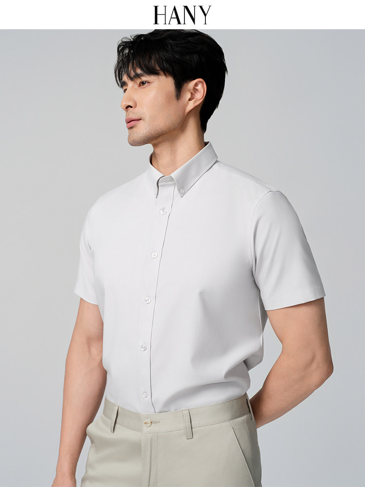 HANY[小尖扣领易打理]男短袖商务老钱风衬衫男士灰色弹力休闲半袖