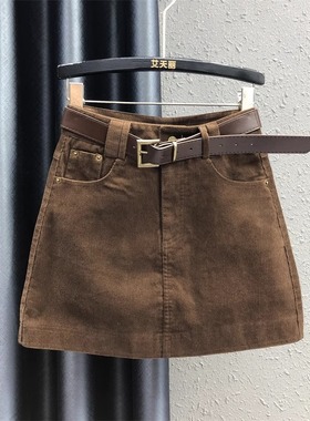 欧货美拉德咖色灯芯绒半身裙女2025秋冬新款高腰显瘦a字包臀短裙