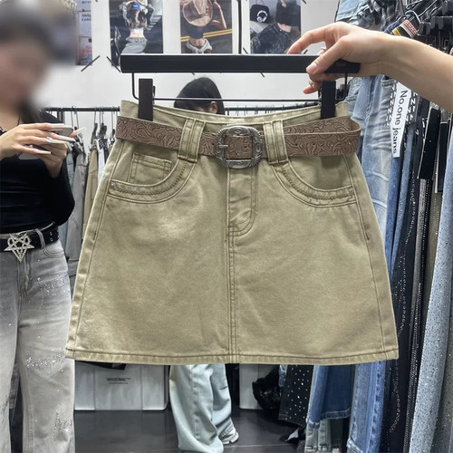 复古卡其牛仔A字半身裙女防走光