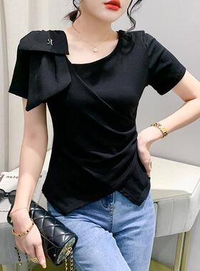 欧洲站女装新款T恤个性不规则下摆开叉收腰显瘦时尚小衫短袖上衣