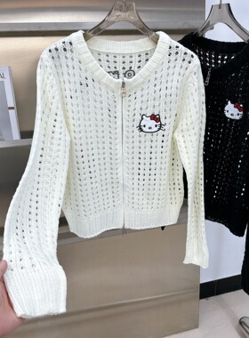 欧洲站女装新款刺绣卡通可爱猫猫洞洞开衫针织衫百搭外套长袖上衣