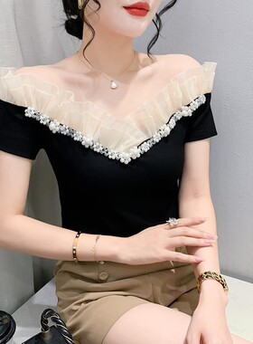 欧洲站女装新款短袖T恤小众性感一字领钉珠花边时尚小衫显瘦上衣